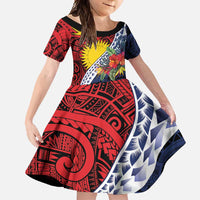 Flag of Kiribati Polynesian Pattern Family Matching Long Sleeve Bodycon Dress and Hawaiian Shirt Est 1979 With Tropical Flowers LT9 Daughter's Dress Red - Polynesian Pride
