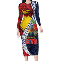 Flag of Kiribati Polynesian Pattern Family Matching Long Sleeve Bodycon Dress and Hawaiian Shirt Est 1979 With Tropical Flowers LT9 Mom's Dress Red - Polynesian Pride