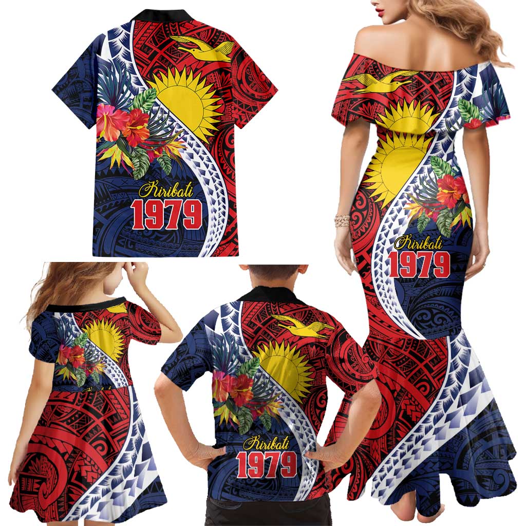 Flag of Kiribati Polynesian Pattern Family Matching Mermaid Dress and Hawaiian Shirt Est 1979 With Tropical Flowers LT9 - Polynesian Pride