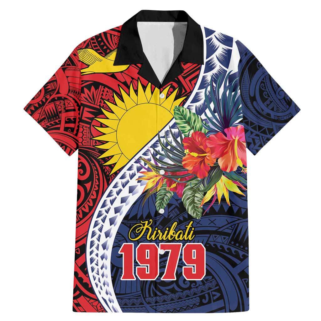 Flag of Kiribati Polynesian Pattern Family Matching Mermaid Dress and Hawaiian Shirt Est 1979 With Tropical Flowers LT9 Dad's Shirt - Short Sleeve Red - Polynesian Pride