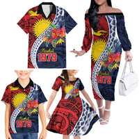 Flag of Kiribati Polynesian Pattern Family Matching Off The Shoulder Long Sleeve Dress and Hawaiian Shirt Est 1979 With Tropical Flowers LT9 - Polynesian Pride