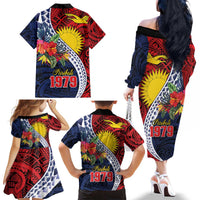 Flag of Kiribati Polynesian Pattern Family Matching Off The Shoulder Long Sleeve Dress and Hawaiian Shirt Est 1979 With Tropical Flowers LT9 - Polynesian Pride