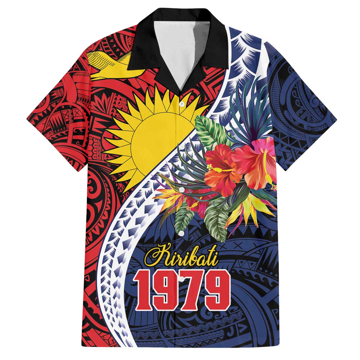 Flag of Kiribati Polynesian Pattern Family Matching Off The Shoulder Long Sleeve Dress and Hawaiian Shirt Est 1979 With Tropical Flowers LT9 Dad's Shirt - Short Sleeve Red - Polynesian Pride