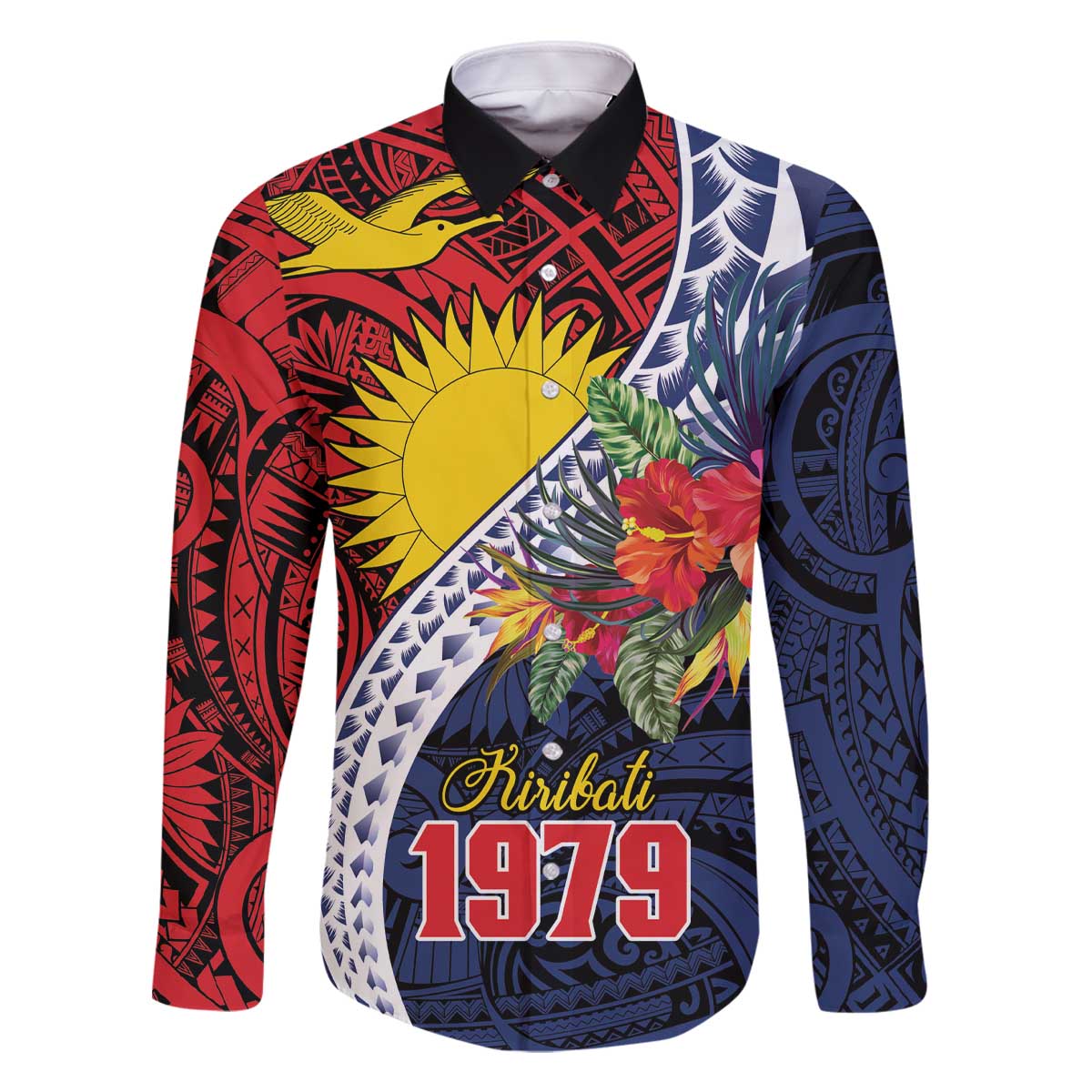 Flag of Kiribati Polynesian Pattern Family Matching Off The Shoulder Long Sleeve Dress and Hawaiian Shirt Est 1979 With Tropical Flowers LT9 Dad's Shirt - Long Sleeve Red - Polynesian Pride