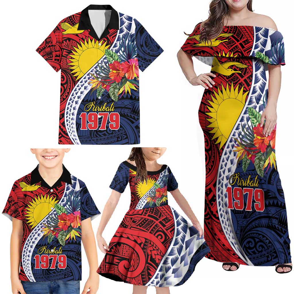 Flag of Kiribati Polynesian Pattern Family Matching Off Shoulder Maxi Dress and Hawaiian Shirt Est 1979 With Tropical Flowers LT9 - Polynesian Pride