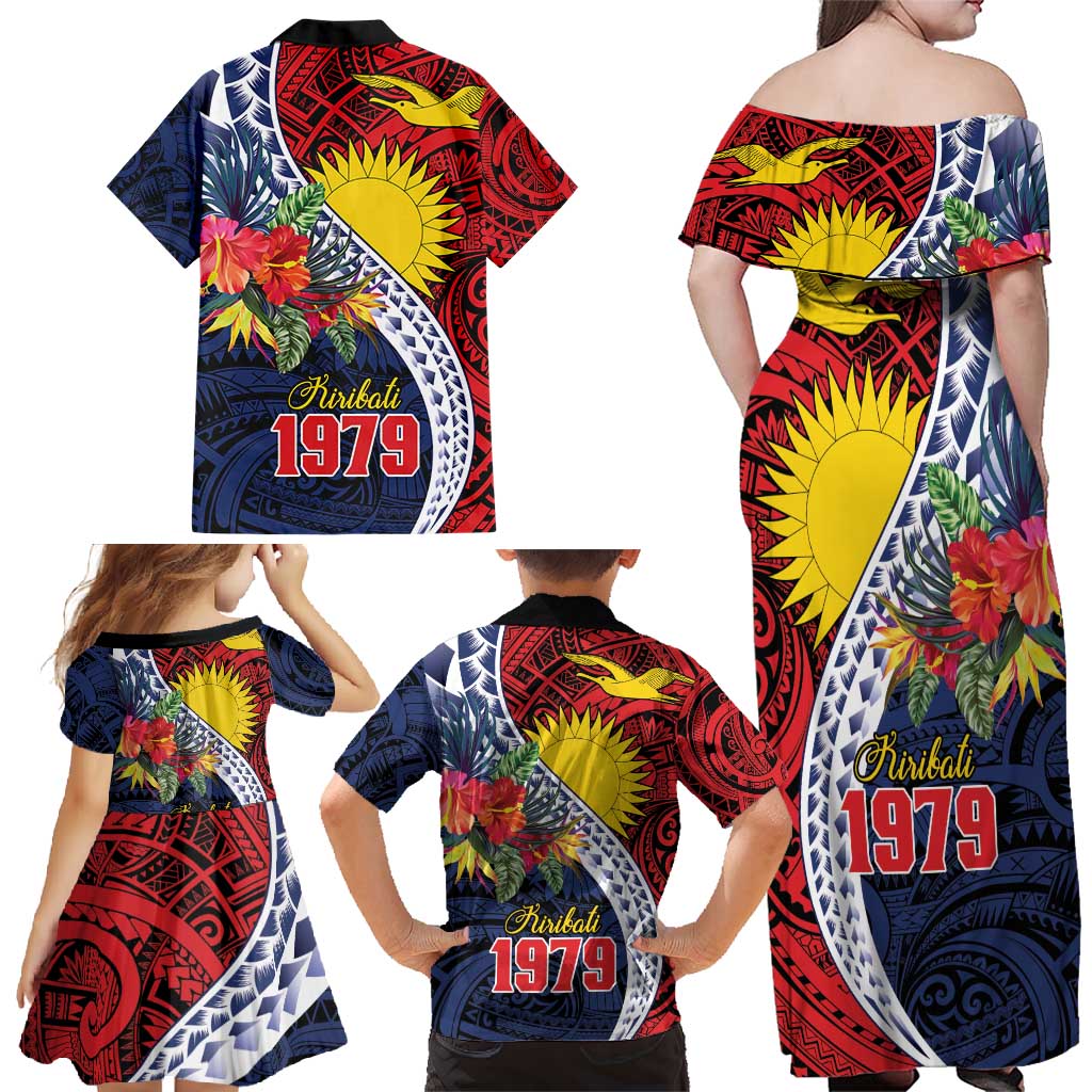 Flag of Kiribati Polynesian Pattern Family Matching Off Shoulder Maxi Dress and Hawaiian Shirt Est 1979 With Tropical Flowers LT9 - Polynesian Pride