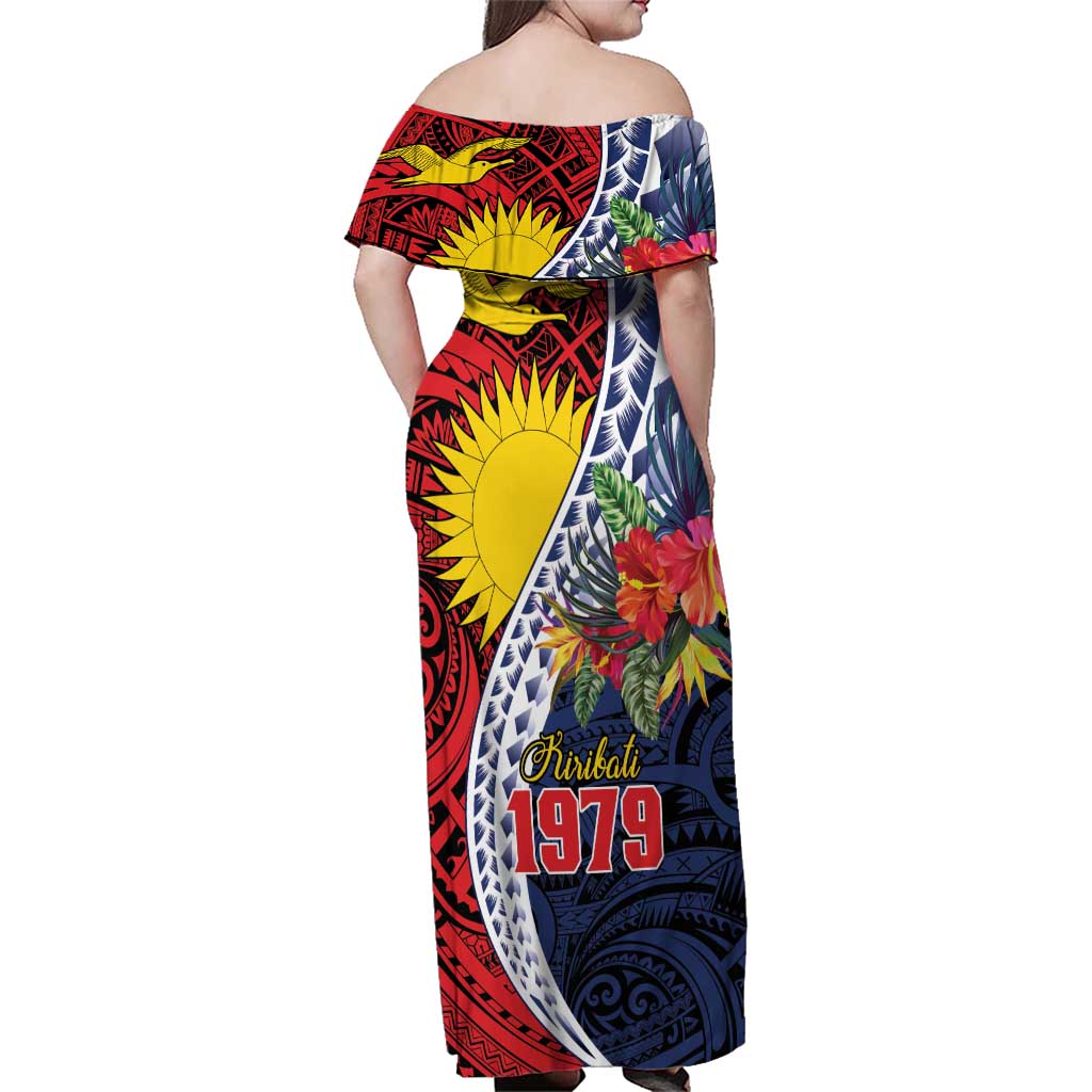 Flag of Kiribati Polynesian Pattern Family Matching Off Shoulder Maxi Dress and Hawaiian Shirt Est 1979 With Tropical Flowers LT9 - Polynesian Pride