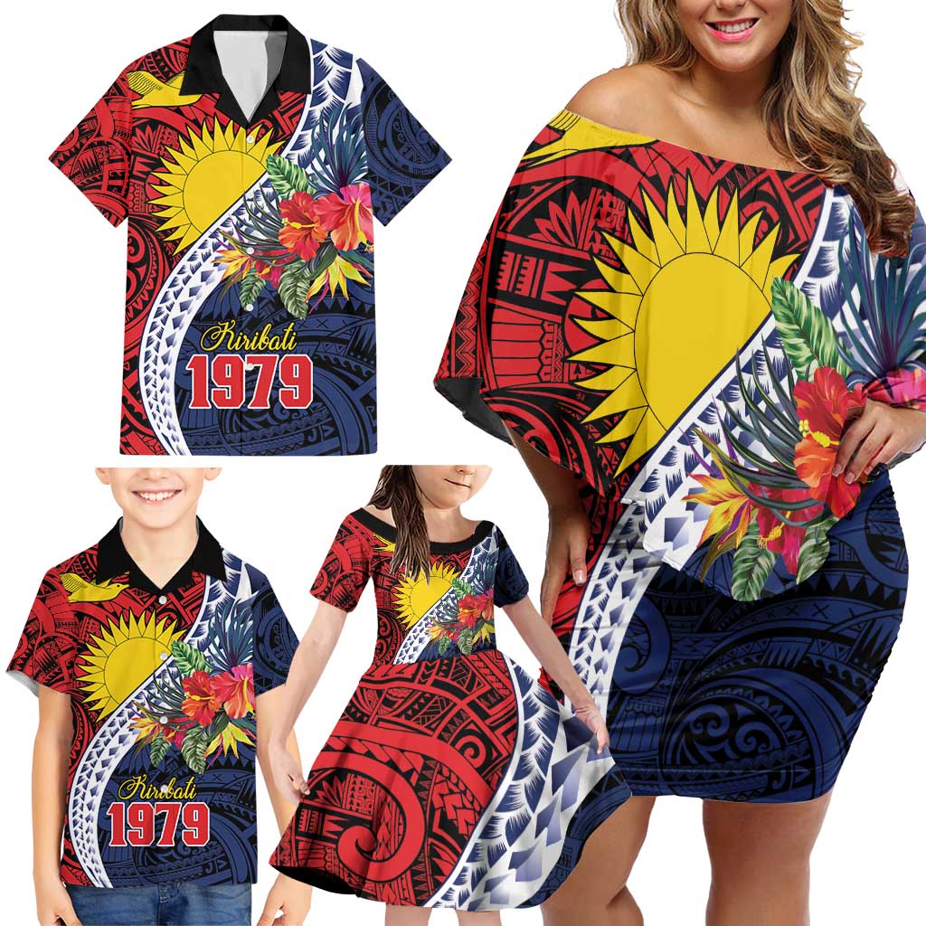Flag of Kiribati Polynesian Pattern Family Matching Off Shoulder Short Dress and Hawaiian Shirt Est 1979 With Tropical Flowers LT9 - Polynesian Pride