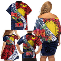Flag of Kiribati Polynesian Pattern Family Matching Off Shoulder Short Dress and Hawaiian Shirt Est 1979 With Tropical Flowers LT9 - Polynesian Pride