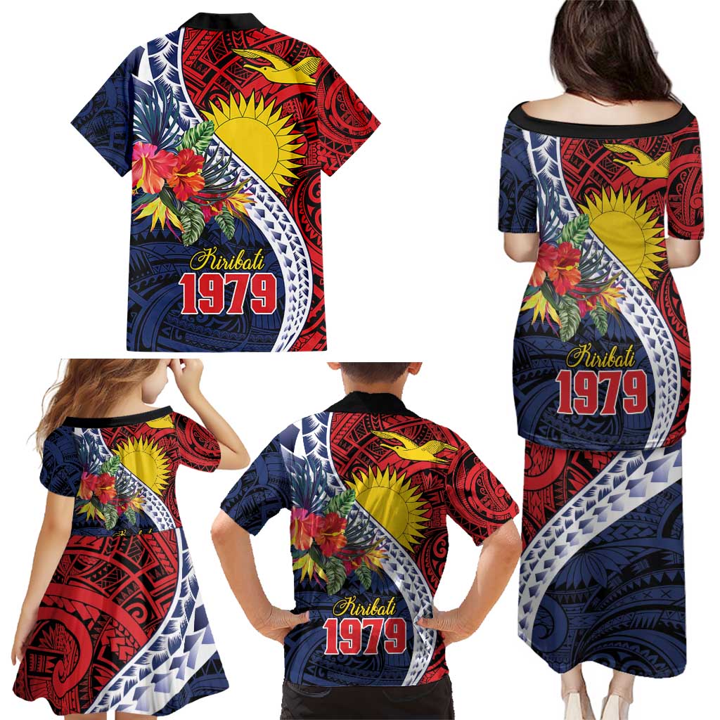 Flag of Kiribati Polynesian Pattern Family Matching Puletasi and Hawaiian Shirt Est 1979 With Tropical Flowers LT9 - Polynesian Pride