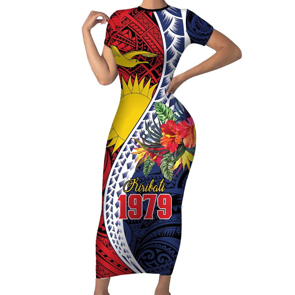 Flag of Kiribati Polynesian Pattern Family Matching Short Sleeve Bodycon Dress and Hawaiian Shirt Est 1979 With Tropical Flowers LT9 Mom's Dress Red - Polynesian Pride