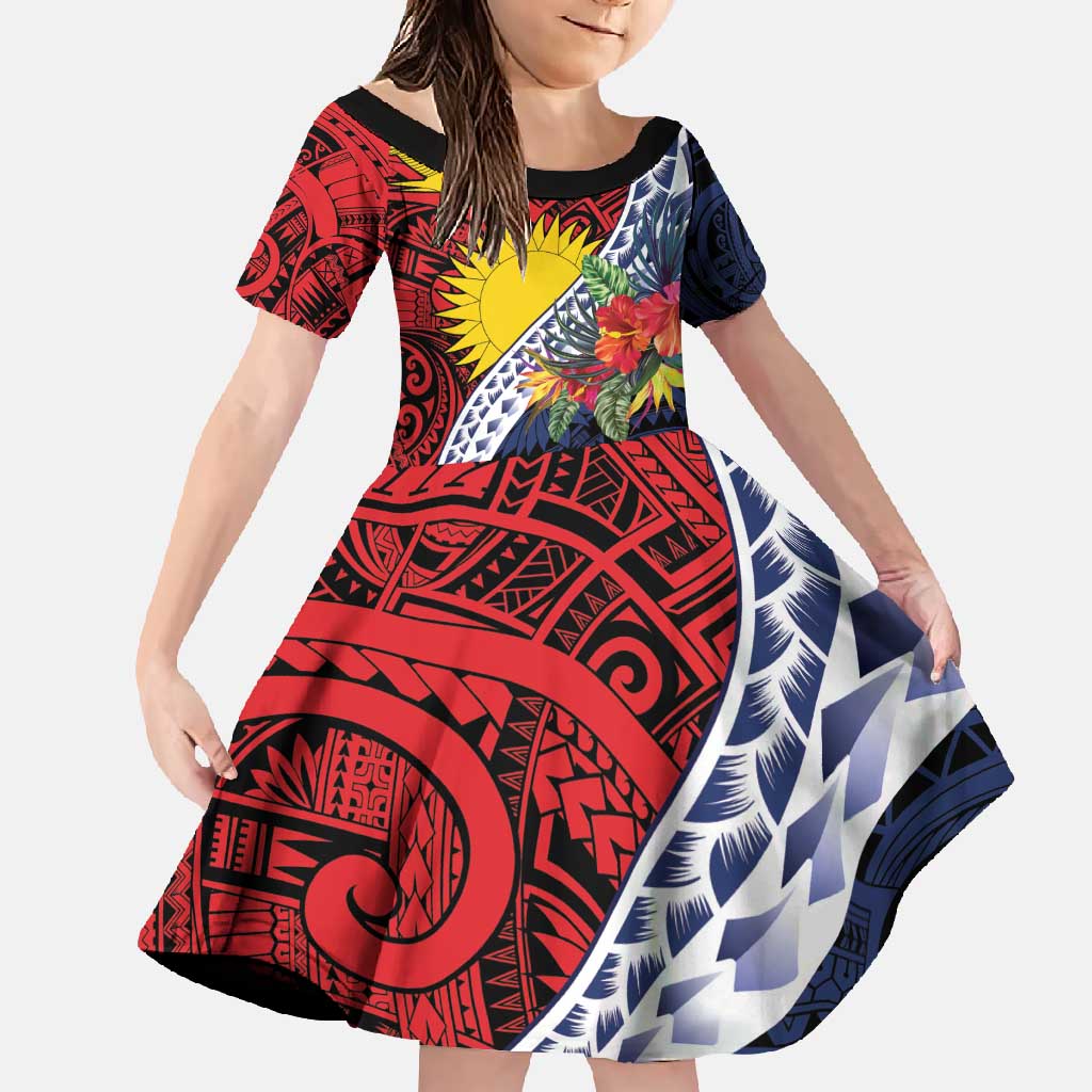 Flag of Kiribati Polynesian Pattern Family Matching Summer Maxi Dress and Hawaiian Shirt Est 1979 With Tropical Flowers LT9 Daughter's Dress Red - Polynesian Pride
