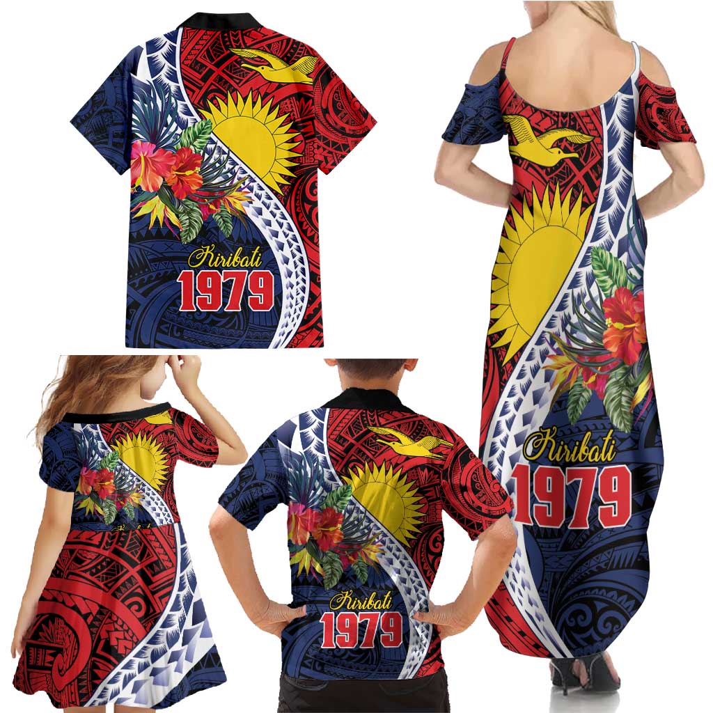 Flag of Kiribati Polynesian Pattern Family Matching Summer Maxi Dress and Hawaiian Shirt Est 1979 With Tropical Flowers LT9 - Polynesian Pride