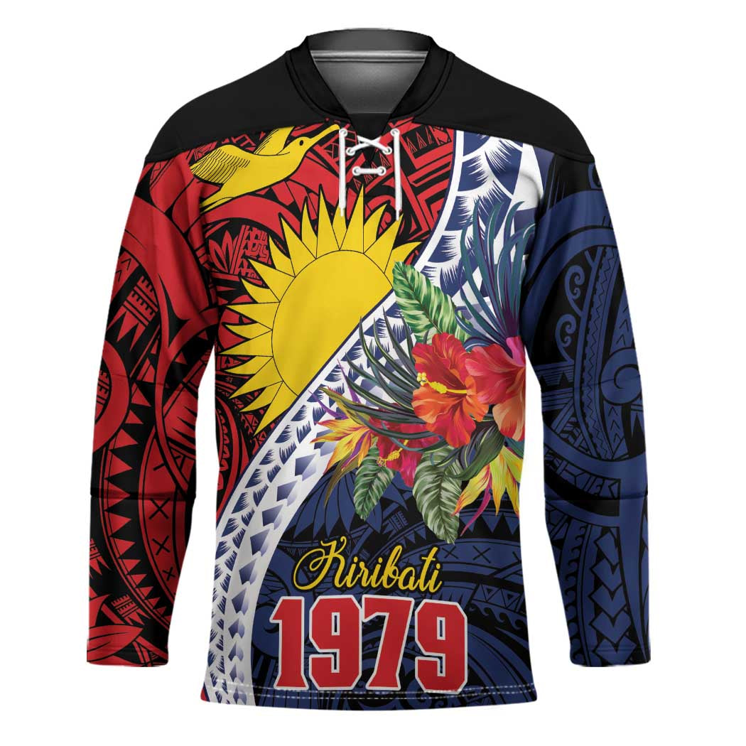 Flag of Kiribati Polynesian Pattern Hockey Jersey Est 1979 With Tropical Flowers - Polynesian Pride