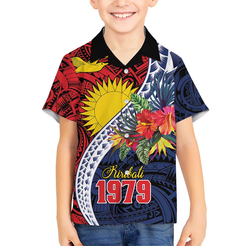 Flag of Kiribati Polynesian Pattern Kid Hawaiian Shirt Est 1979 With Tropical Flowers