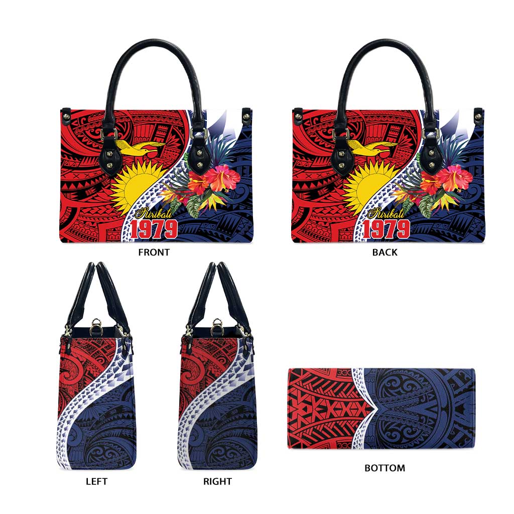 Flag of Kiribati Polynesian Pattern Leather Bag Est 1979 With Tropical Flowers - Polynesian Pride