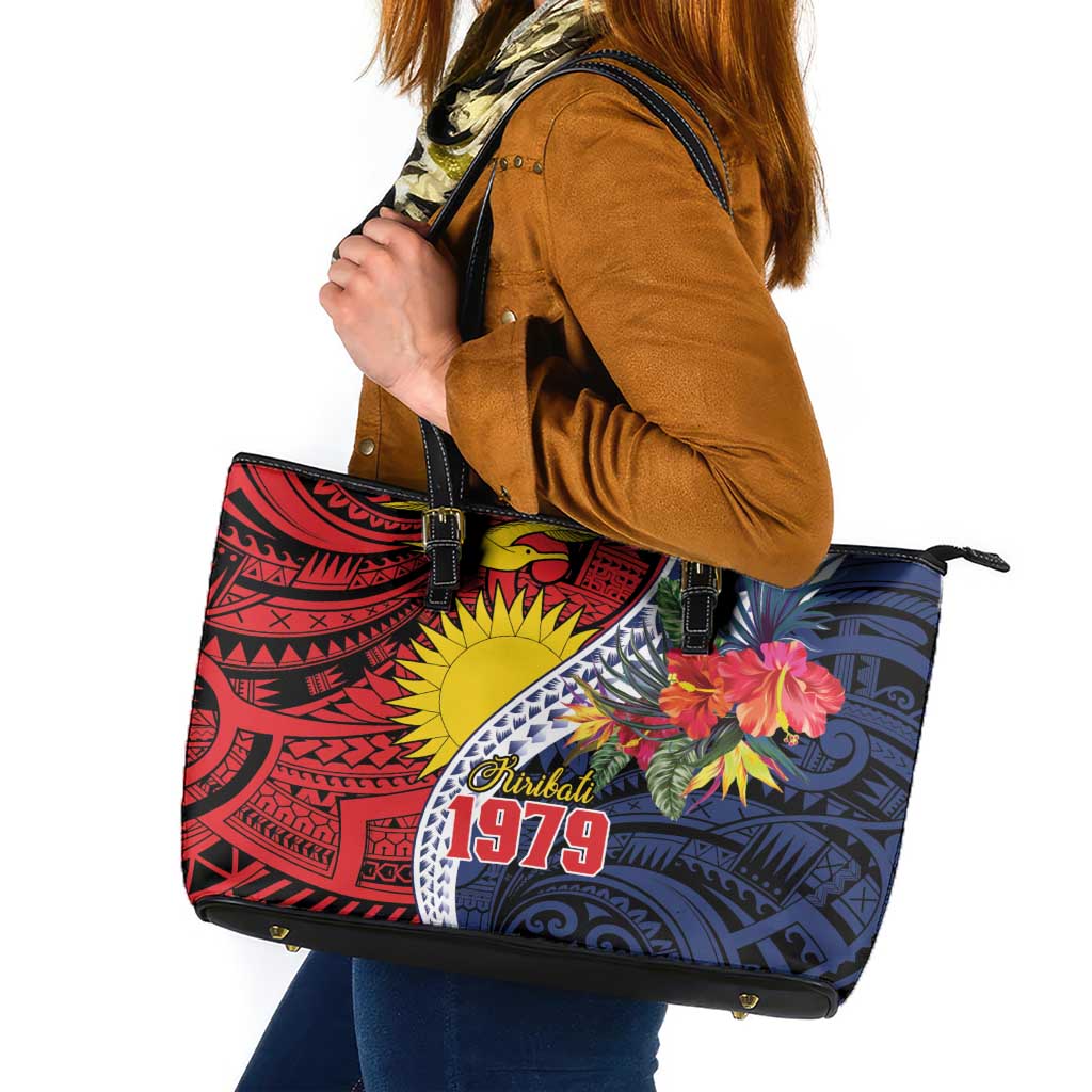Flag of Kiribati Polynesian Pattern Leather Tote Bag Est 1979 With Tropical Flowers