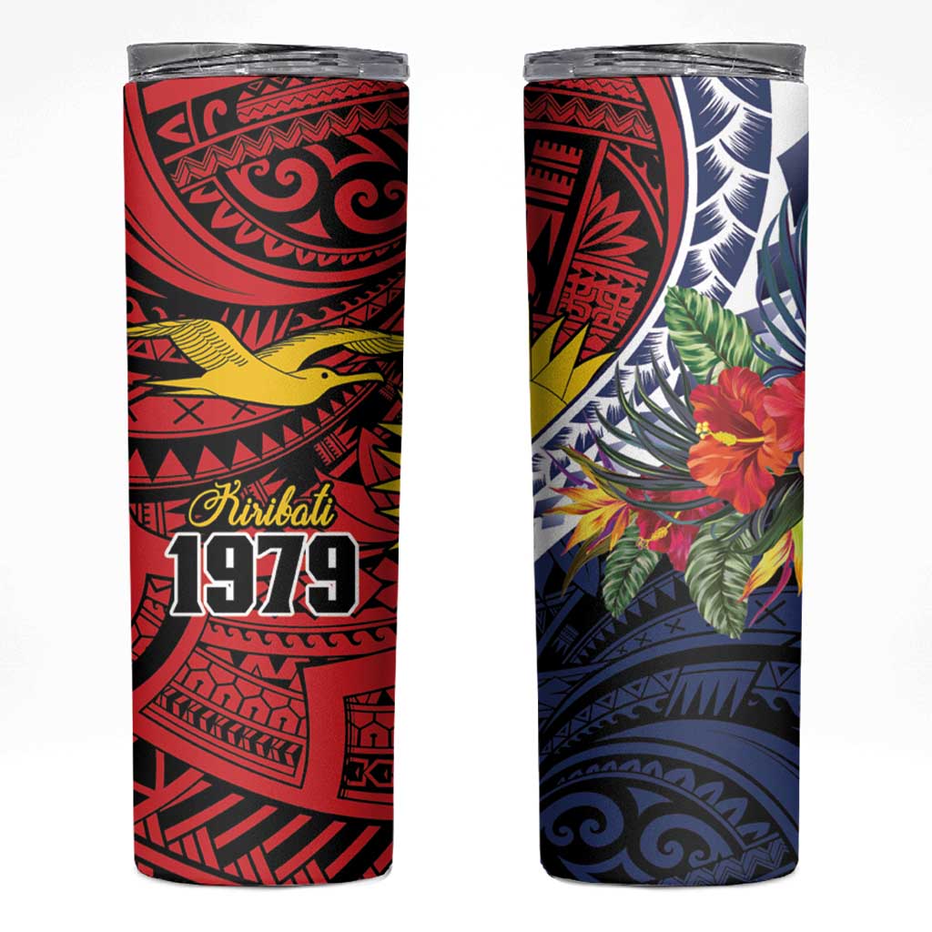 Flag of Kiribati Polynesian Pattern Skinny Tumbler Est 1979 With Tropical Flowers LT9 Red - Polynesian Pride