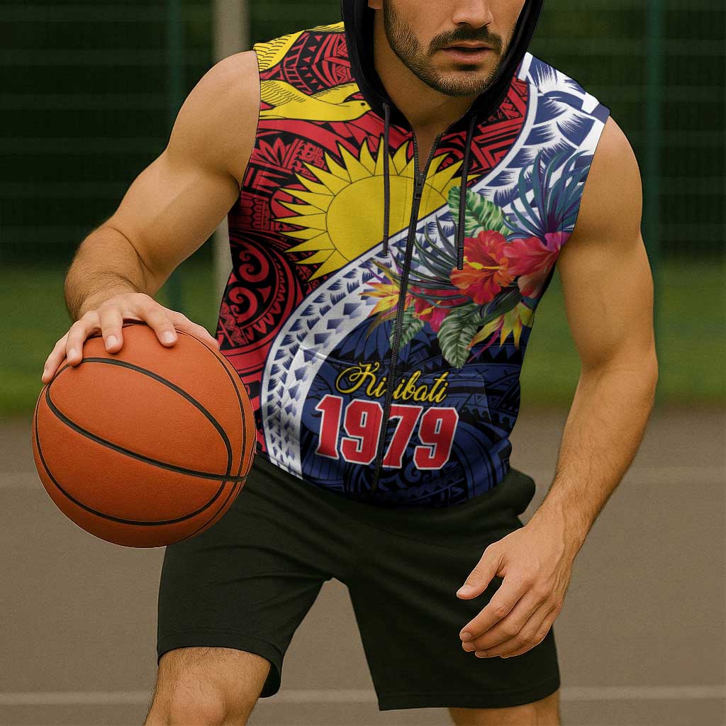 Flag of Kiribati Polynesian Pattern Sleeveless Zip Hoodie Est 1979 With Tropical Flowers - Polynesian Pride