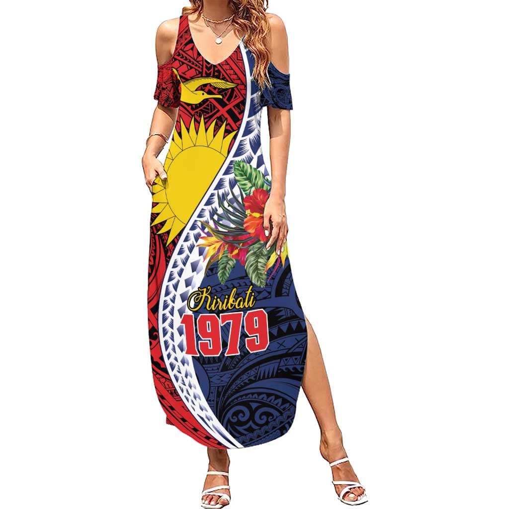 Flag of Kiribati Polynesian Pattern Summer Maxi Dress Est 1979 With Tropical Flowers
