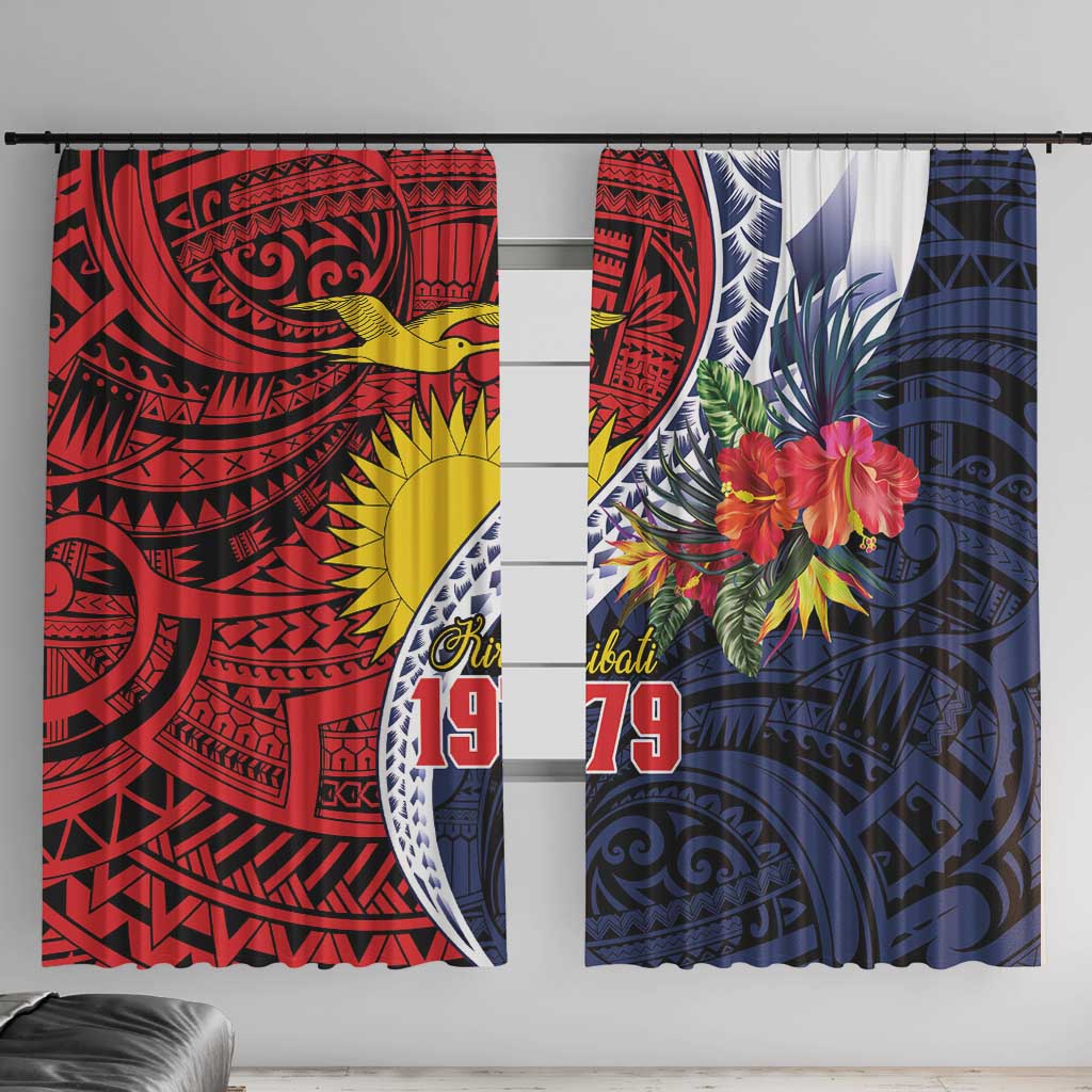 Flag of Kiribati Polynesian Pattern Window Curtain Est 1979 With Tropical Flowers