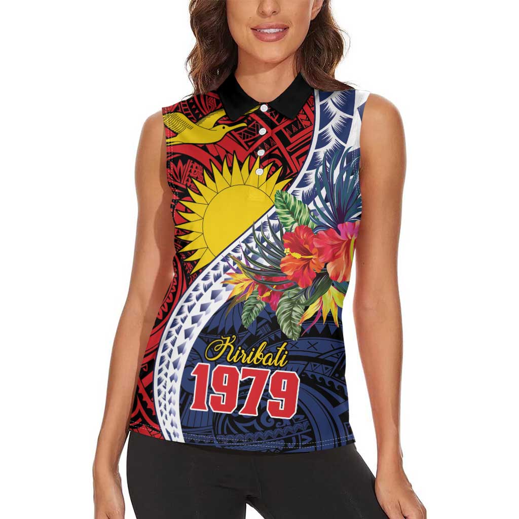 Flag of Kiribati Polynesian Pattern Women Sleeveless Polo Shirt Est 1979 With Tropical Flowers LT9 - Polynesian Pride