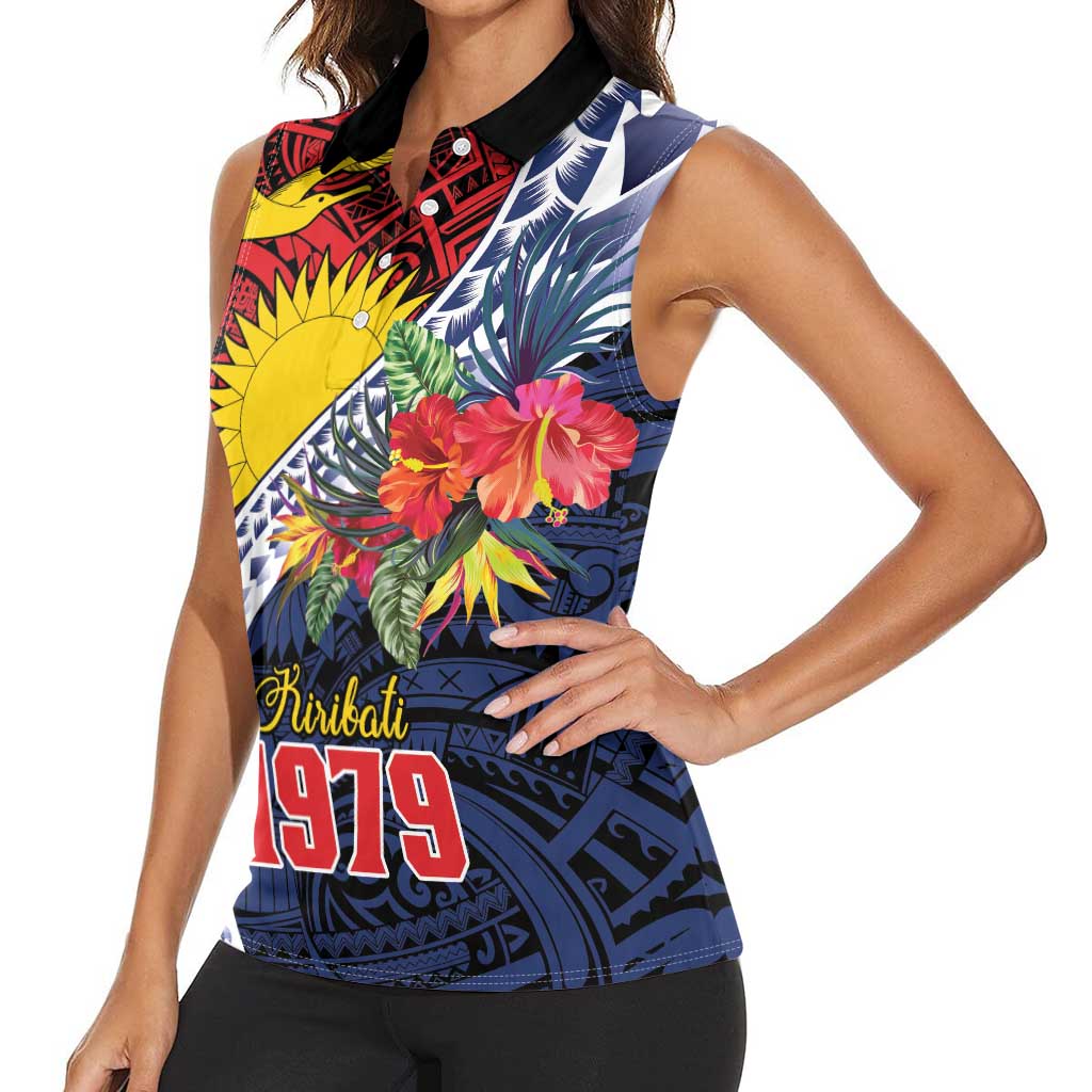 Flag of Kiribati Polynesian Pattern Women Sleeveless Polo Shirt Est 1979 With Tropical Flowers LT9 - Polynesian Pride