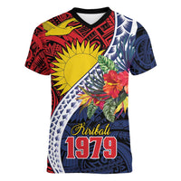 Flag of Kiribati Polynesian Pattern Women V-Neck T-Shirt Est 1979 With Tropical Flowers LT9 Female Red - Polynesian Pride