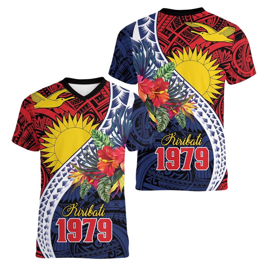 Flag of Kiribati Polynesian Pattern Women V-Neck T-Shirt Est 1979 With Tropical Flowers LT9 - Polynesian Pride