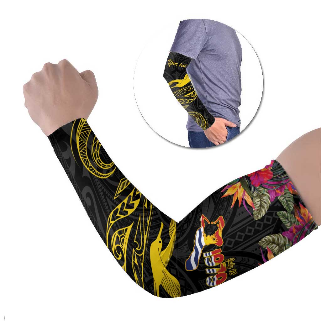 Kiribati Independence Day Personalised Arm Sleeves Gold Frigatebird with Polynesian Pattern LT9 Set of 2 Black - Polynesian Pride