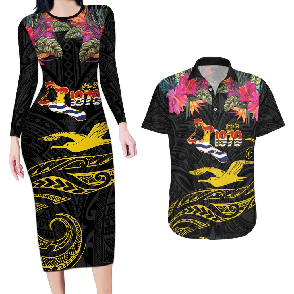 Kiribati Independence Day Personalised Couples Matching Long Sleeve Bodycon Dress and Hawaiian Shirt Gold Frigatebird with Polynesian Pattern