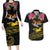 Kiribati Independence Day Personalised Couples Matching Long Sleeve Bodycon Dress and Hawaiian Shirt Gold Frigatebird with Polynesian Pattern