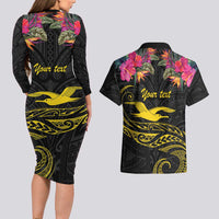 Kiribati Independence Day Personalised Couples Matching Long Sleeve Bodycon Dress and Hawaiian Shirt Gold Frigatebird with Polynesian Pattern LT9 - Polynesian Pride