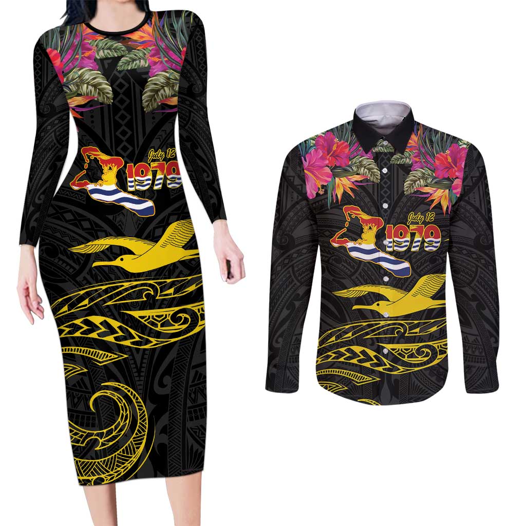 Kiribati Independence Day Personalised Couples Matching Long Sleeve Bodycon Dress and Long Sleeve Button Shirt Gold Frigatebird with Polynesian Pattern LT9 Black - Polynesian Pride