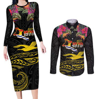 Kiribati Independence Day Personalised Couples Matching Long Sleeve Bodycon Dress and Long Sleeve Button Shirt Gold Frigatebird with Polynesian Pattern LT9 Black - Polynesian Pride