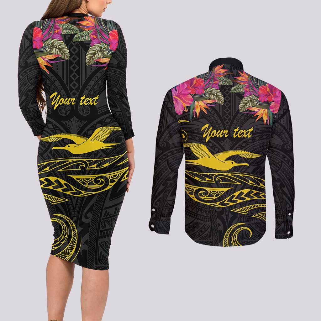 Kiribati Independence Day Personalised Couples Matching Long Sleeve Bodycon Dress and Long Sleeve Button Shirt Gold Frigatebird with Polynesian Pattern LT9 - Polynesian Pride