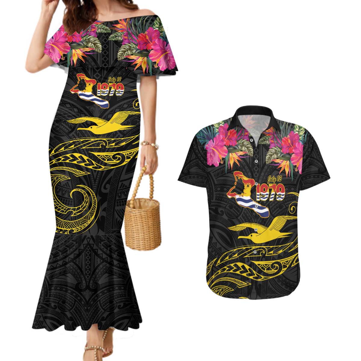 Kiribati Independence Day Personalised Couples Matching Mermaid Dress and Hawaiian Shirt Gold Frigatebird with Polynesian Pattern LT9 Black - Polynesian Pride