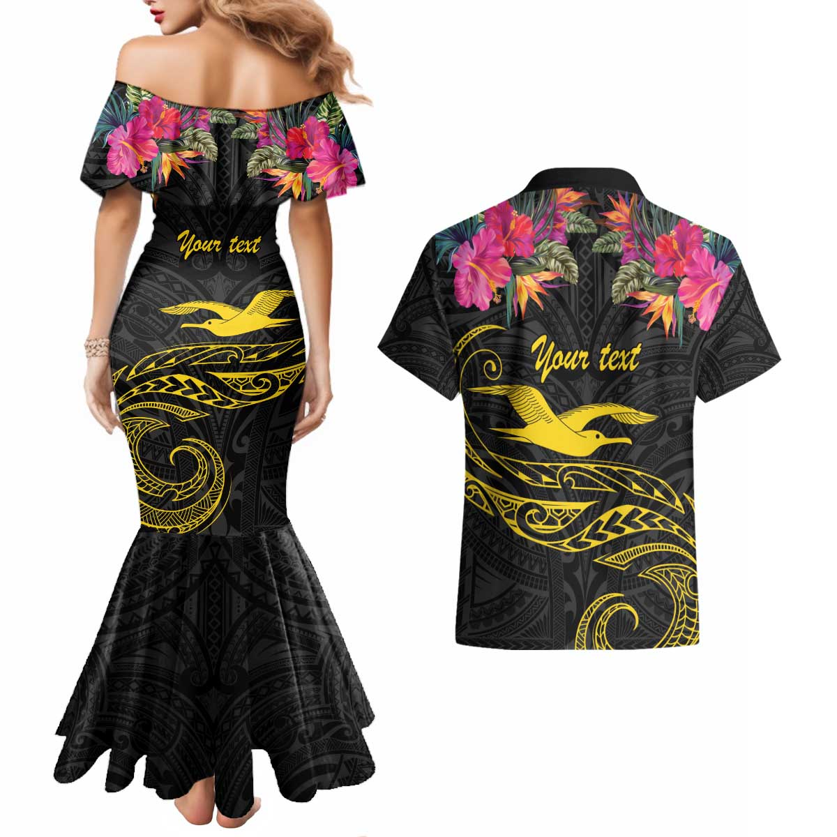 Kiribati Independence Day Personalised Couples Matching Mermaid Dress and Hawaiian Shirt Gold Frigatebird with Polynesian Pattern LT9 - Polynesian Pride