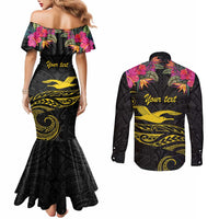 Kiribati Independence Day Personalised Couples Matching Mermaid Dress and Long Sleeve Button Shirt Gold Frigatebird with Polynesian Pattern LT9 - Polynesian Pride
