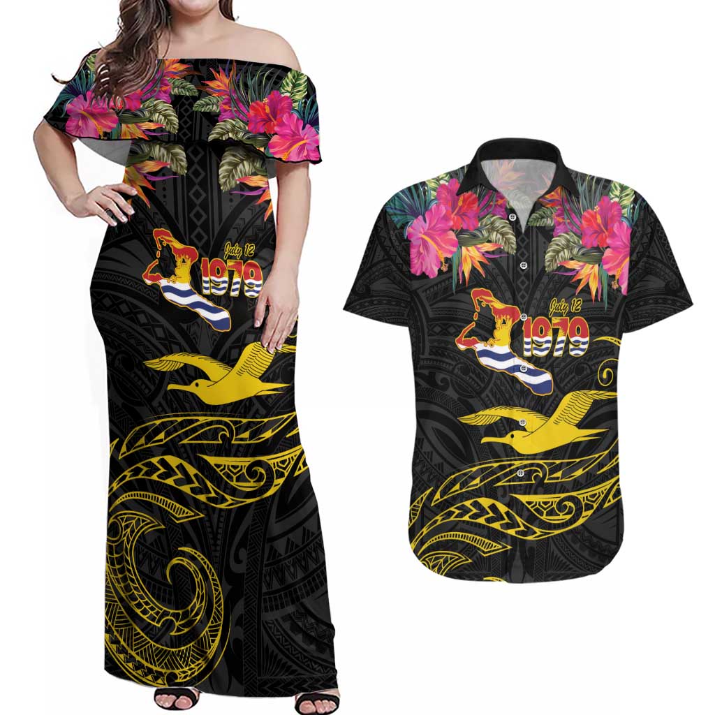 Kiribati Independence Day Personalised Couples Matching Off Shoulder Maxi Dress and Hawaiian Shirt Gold Frigatebird with Polynesian Pattern LT9 Black - Polynesian Pride