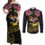 Kiribati Independence Day Personalised Couples Matching Off Shoulder Maxi Dress and Long Sleeve Button Shirt Gold Frigatebird with Polynesian Pattern