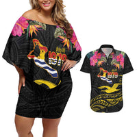 Kiribati Independence Day Personalised Couples Matching Off Shoulder Short Dress and Hawaiian Shirt Gold Frigatebird with Polynesian Pattern LT9 Black - Polynesian Pride