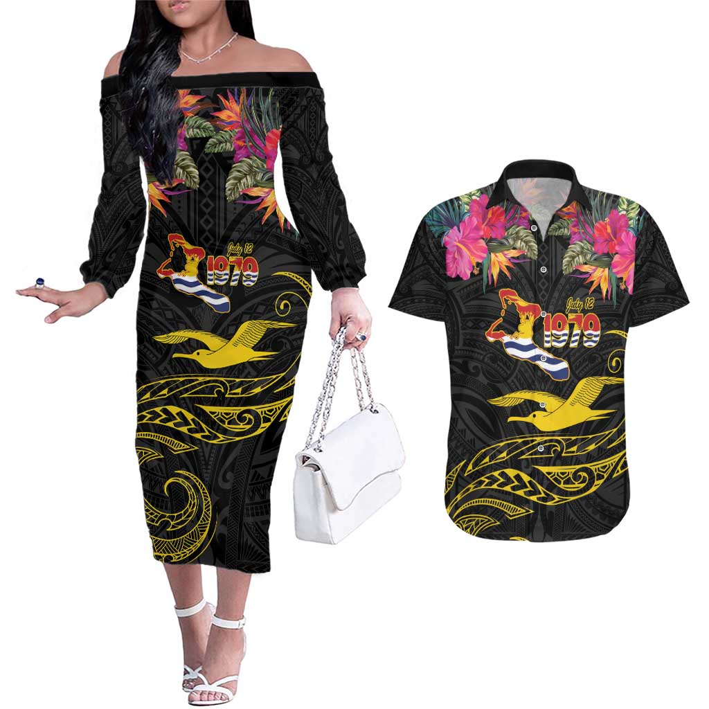 Kiribati Independence Day Personalised Couples Matching Off The Shoulder Long Sleeve Dress and Hawaiian Shirt Gold Frigatebird with Polynesian Pattern LT9 Black - Polynesian Pride