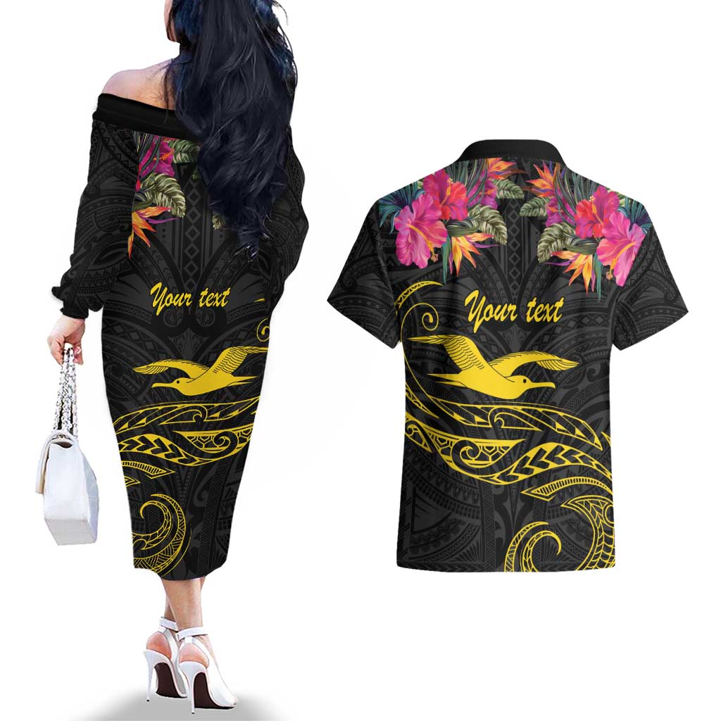 Kiribati Independence Day Personalised Couples Matching Off The Shoulder Long Sleeve Dress and Hawaiian Shirt Gold Frigatebird with Polynesian Pattern LT9 - Polynesian Pride