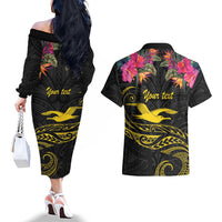 Kiribati Independence Day Personalised Couples Matching Off The Shoulder Long Sleeve Dress and Hawaiian Shirt Gold Frigatebird with Polynesian Pattern LT9 - Polynesian Pride