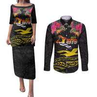 Kiribati Independence Day Personalised Couples Matching Puletasi and Long Sleeve Button Shirt Gold Frigatebird with Polynesian Pattern