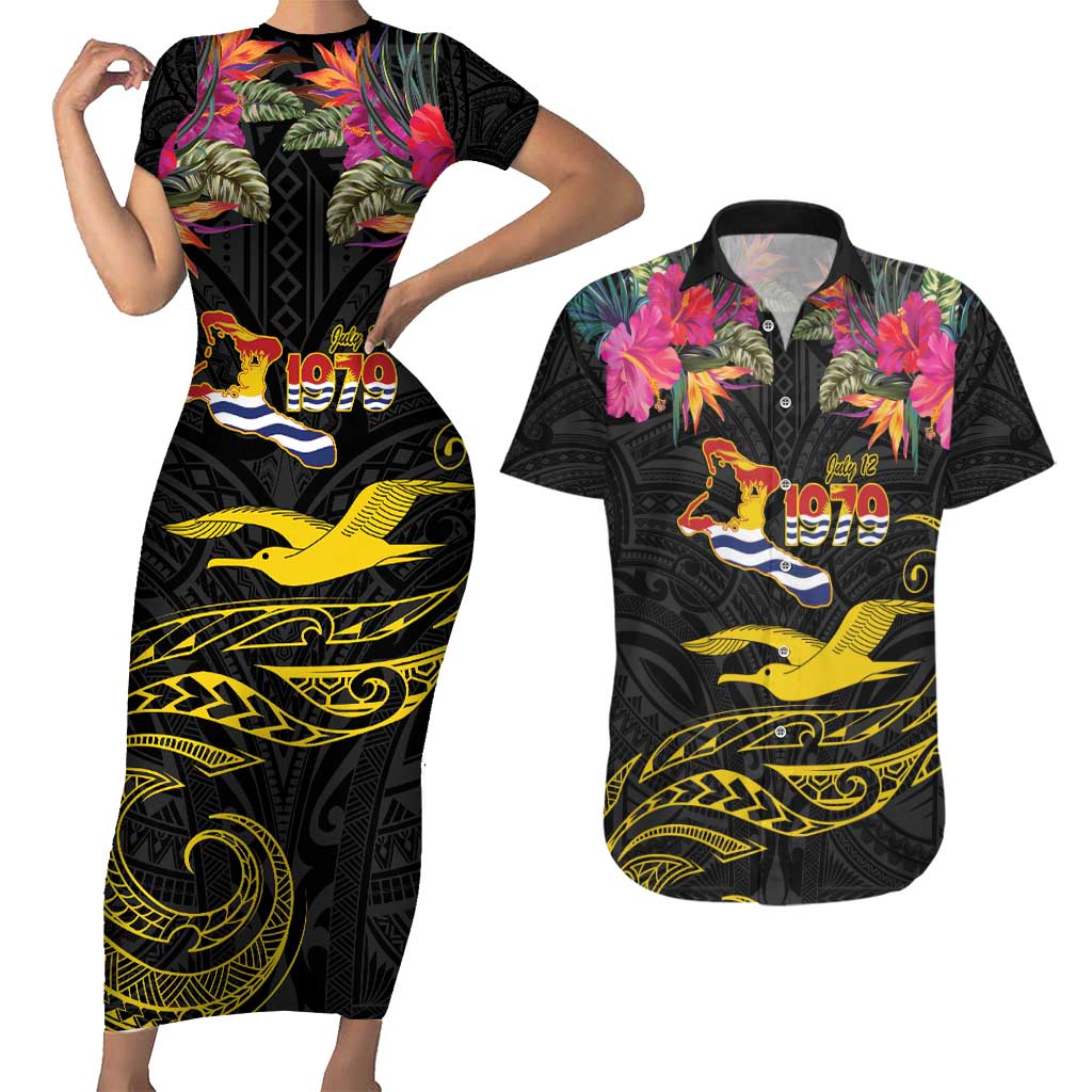 Kiribati Independence Day Personalised Couples Matching Short Sleeve Bodycon Dress and Hawaiian Shirt Gold Frigatebird with Polynesian Pattern LT9 Black - Polynesian Pride