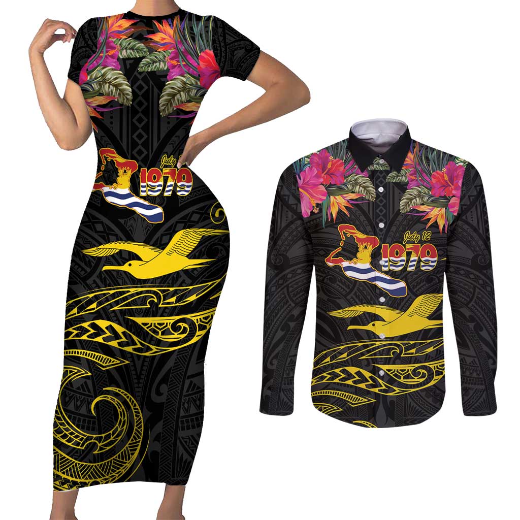 Kiribati Independence Day Personalised Couples Matching Short Sleeve Bodycon Dress and Long Sleeve Button Shirt Gold Frigatebird with Polynesian Pattern LT9 Black - Polynesian Pride