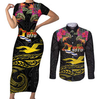 Kiribati Independence Day Personalised Couples Matching Short Sleeve Bodycon Dress and Long Sleeve Button Shirt Gold Frigatebird with Polynesian Pattern LT9 Black - Polynesian Pride