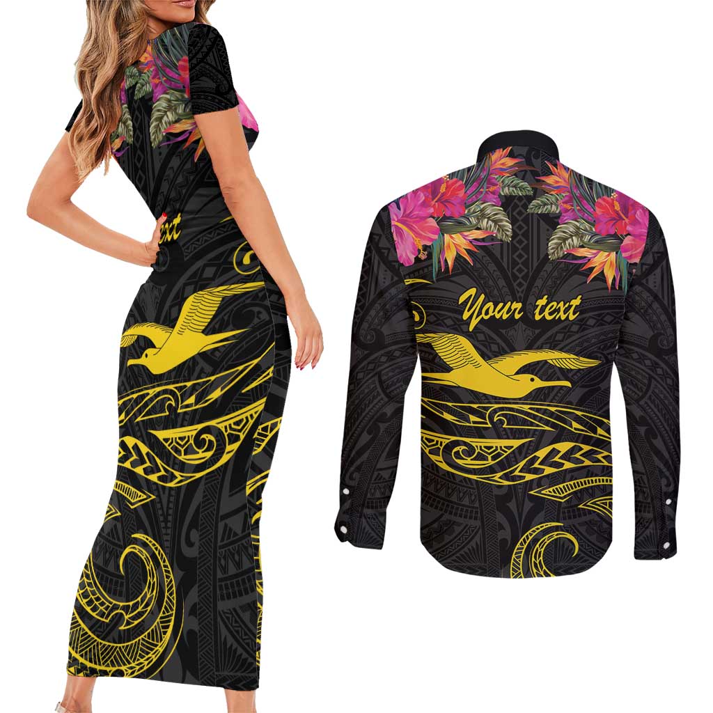 Kiribati Independence Day Personalised Couples Matching Short Sleeve Bodycon Dress and Long Sleeve Button Shirt Gold Frigatebird with Polynesian Pattern LT9 - Polynesian Pride
